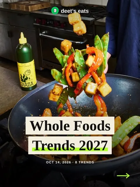 Whole Foods Trends 2027 cover showing vegetables tossed in a pan beside a bottle of Graza olive oil